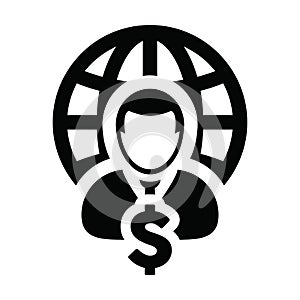 Receive money icon vector globe dollar sign currency money with male person profile avatar symbol for a business network