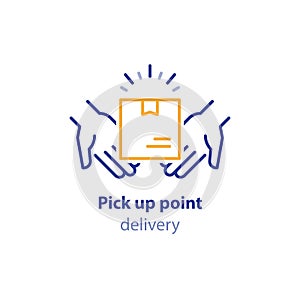 Receive parcel, pick up point, package collection, box in hands, carrier services photo