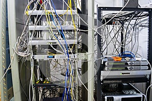 Receivers and transmitters of a television signal installed in a rack in the server room of a TV station