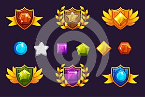 Receiving achievement Awards Shield and Gems set, different Awards. For game, user interface, banner, application