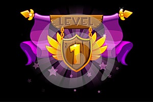 Receiving the cartoon achievement game screen. Level UP. Vector Award Shield icon. For game, user interface, banner