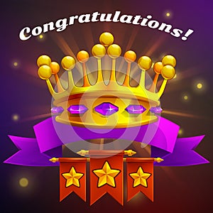 Receiving the cartoon achievement game screen. Vector illustration with golden crown.