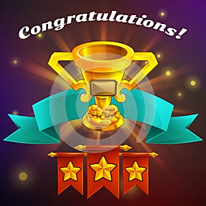 Receiving the cartoon achievement game screen. Vector illustration with golden cup.