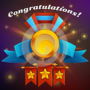 Receiving the cartoon achievement game screen. Vector illustration with golden medal.