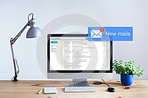 Receiving email in inbox concept, popup mail notification on computer screen