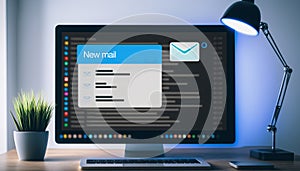 Receiving email in inbox concept, popup mail notification on computer screen. Generative AI