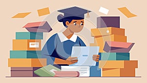 A recent high school graduate browses through boxes of financial aid documents overwhelming and confusing.. Vector photo
