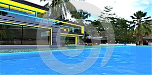 Recently build contemporary cottage with illuminated facade and swimming pool among the old suburban buildings and palm trees. 3d