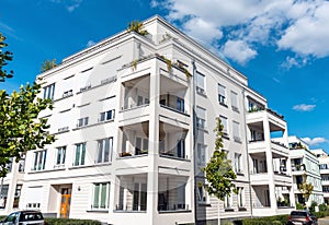 Recently built white apartment buildings