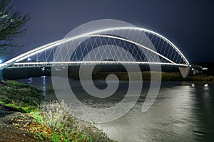 Lighted Pedestrian Bridge Crossing Willamette River Riverfront P