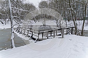 The recently frozen city pond