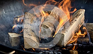 Recently lit fire with logs of flaming wood