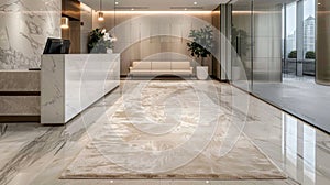 The reception area boasts a plush creamcolored area rug adding a touch of comfort and warmth to the sleek marble floors