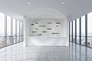 A reception area in a modern bright clean office interior. Huge panoramic windows with New York view.