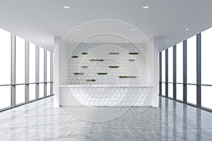 A reception area in a modern bright clean office interior. Huge panoramic windows with white copy space.