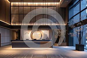 Reception area at a modern hotel has a large light, in the style of shodo,in the style of light blue and dark gray, subtle photo