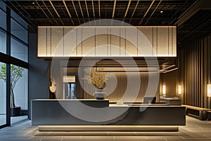 Reception area at a modern hotel has a large light, in the style of shodo,in the style of light blue and dark gray, subtle