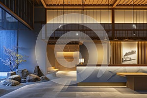 Reception area at a modern hotel has a large light, in the style of shodo,in the style of light blue and dark gray, subtle photo