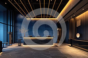 Reception area at a modern hotel has a large light, in the style of shodo,in the style of light blue and dark gray, subtle