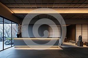 Reception area at a modern hotel has a large light, in the style of shodo,in the style of light blue and dark gray, subtle