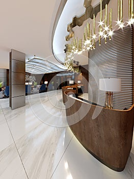 Reception area in a modern hotel with wooden reception counters and large pendant gilded chandeliers