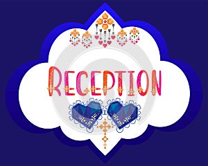 Reception banner. Wedding reception sign board. Marriage label gradient word art sticker. Floral heart and gemstone vector.