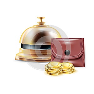 Reception bell with wallet and golden coins