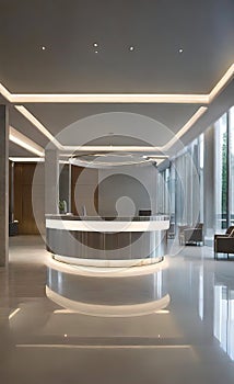 Reception desk and checkpoint at the entrance to a large modern office or hotel, modern visiting services,