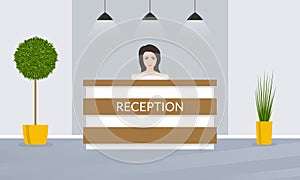 Reception desk with female receptionist. Office, hotel lobby interior design. Vector illustration