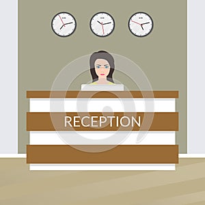 Reception desk with female receptionist. Office, hotel lobby interior design. Vector illustration