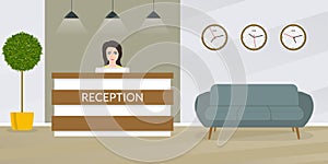 Reception desk with female receptionist. Office, hotel lobby interior design. Vector illustration