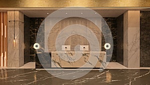 Reception desk in a grand modern hotel lobby with marble floor. 3D render.ed illustration