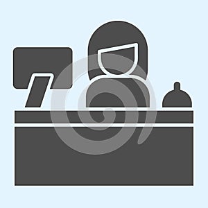 Reception desk solid icon. Hotel service with woman clerk and monitor. Horeca vector design concept, glyph style