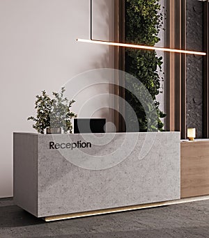 Reception desk and view on hallway in modern hotel, fitness center front desk, 3d rendering