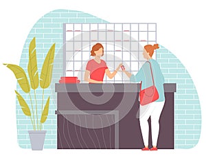 Reception in the gym. Fat woman takes locker room key. Healthy lifestyle. Vector illustration in hand drawn flat style