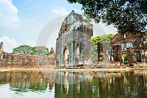 The Reception Hall for the Foreign Visitors with pond and reflexion  in Phra narai national museum,Lop buri Thailand