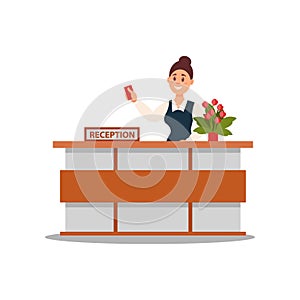 Reception of hotel. Smiling woman standing behind desk and extending hand with key card. Flat vector design