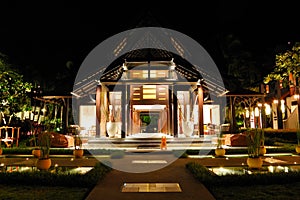 Reception of luxury hotel in night illumination