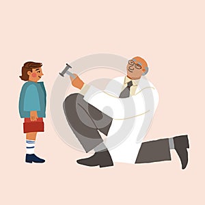 Reception in the office of a psychotherapist. A man performs a hypnotherapy session. Vector flat illustration