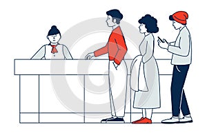 Reception queue. People standing in line to front desk