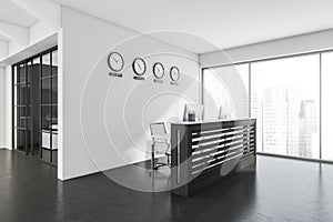 Reception in the white and grey panoramic space with office. Corner view