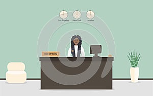 Receptionist black female behind workplace in hotel or bank. Interior of modern reception desk in waiting room or hall in business