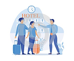 receptionist giving key from room. Hotel scene with couple checking in. Man and woman at reception counter with luggage