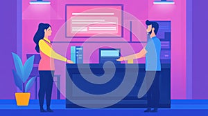 Receptionist helping customer at reception desk in modern office lobby