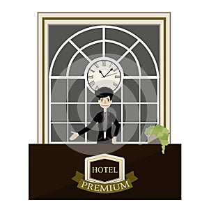 Receptionist standing at hotel luxury reception desk cartoon. vector