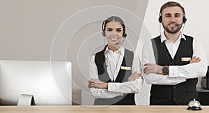 Receptionists in uniform at workplace. Banner design