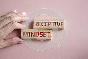 Receptive Mindset symbol. Concept word Receptive Mindset on wooden blocks. Businessman hand. Beautiful pink background. Business