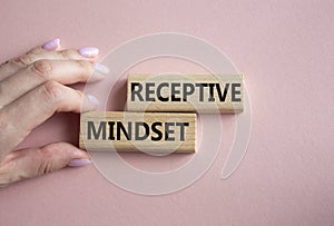 Receptive Mindset symbol. Concept word Receptive Mindset on wooden blocks. Businessman hand. Beautiful pink background. Business