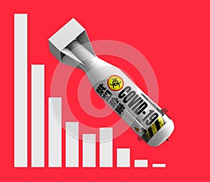 Recession Chart and Falling White Bomb with COVID-19 inscription. Concept of Impact of Coronavirus on Economy, Manufacturing.