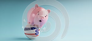 Recession Concepts. Economic Crisis in United States. a Pink Piggy Bank in Shocked Face trying to balancing body on the Shaking